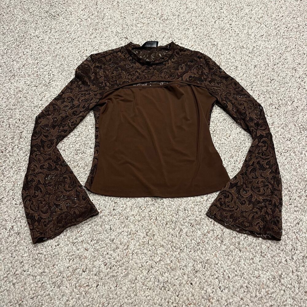 Cider Floral Lace Flare Sleeve Top L Sheer Witchy Whimsigoth Brown Casual
